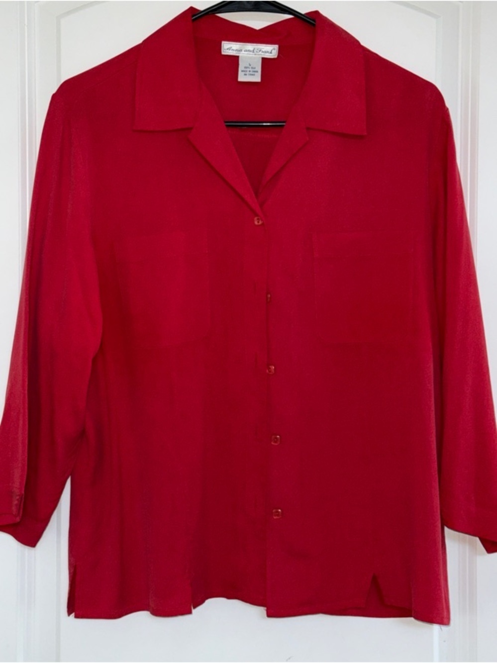 Anna And Frank Cardinal Red Button-Down 100% Silk Shirt, Large